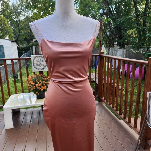 Windsor ROSE Gold Satin Open Side Backless Maxi dress Size S - Picture 5 of 15
